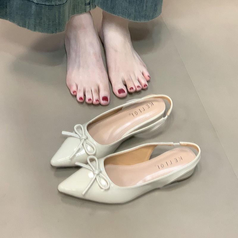 女性用ピンクトゥトゥサンダル2025新しいスタイルのリボンバックファッション多用途ポインテッドトゥシングルシューズ|undefined