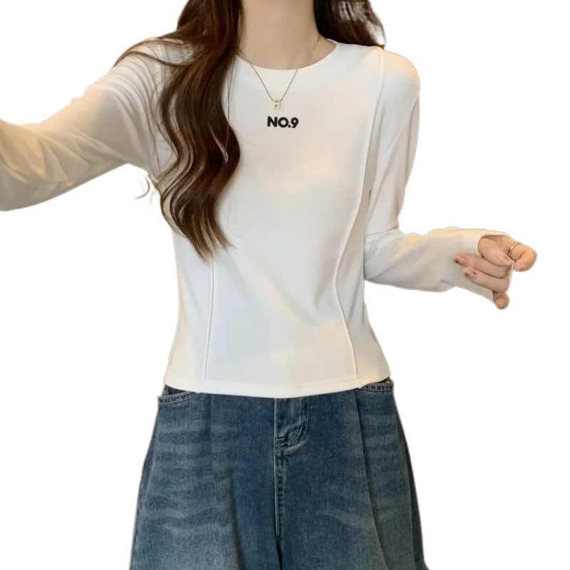 2024 가을 내베이스 셔츠 여성용 프렌치 숄더 티셔츠 웨스턴 스타일 독특한 세련된 짧은 슬림 핏 탑