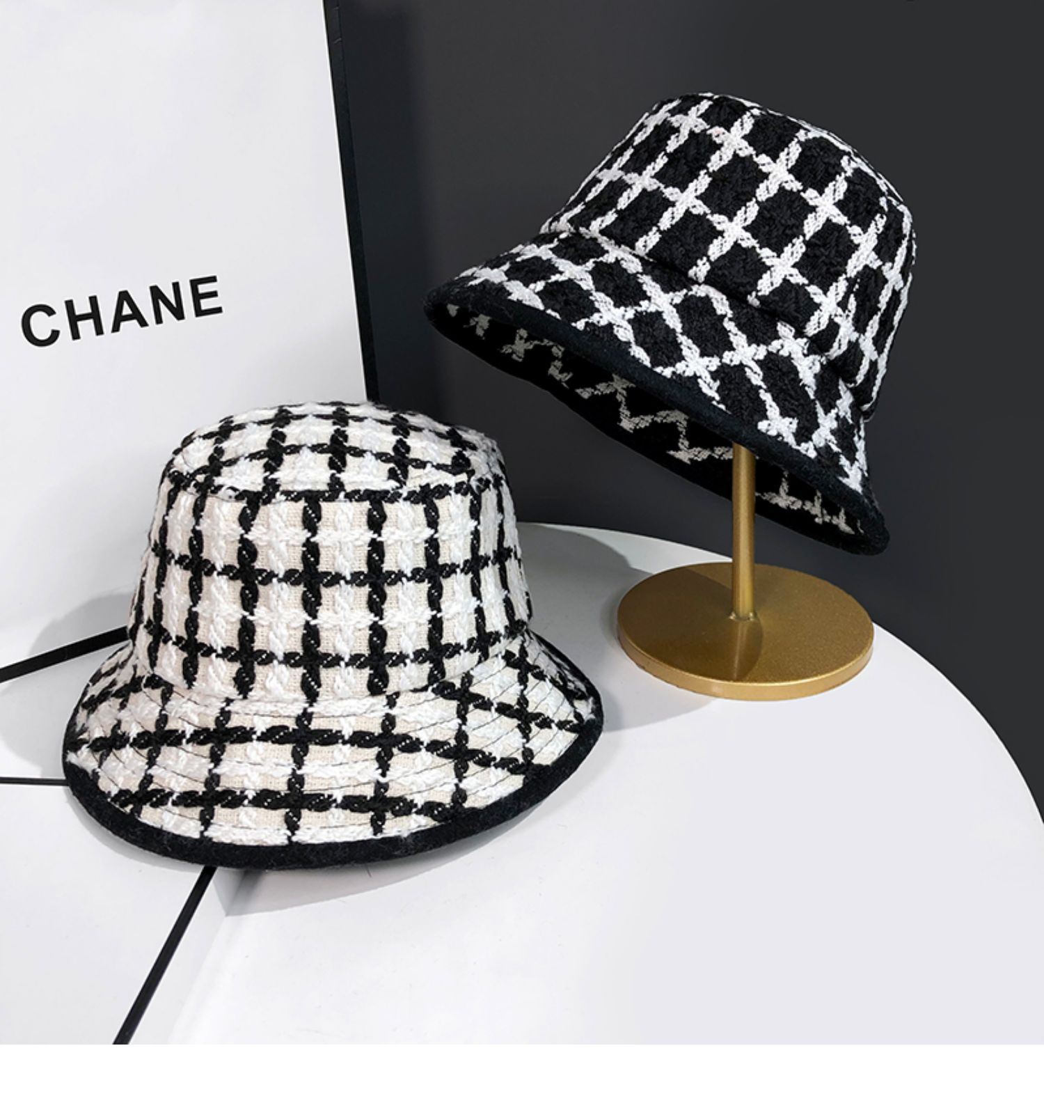 Chapeau de pêcheur tricoté à carreaux noirs ins, version coréenne pour enfants, petit parfum à la mode, automne et hiver_voghion.com