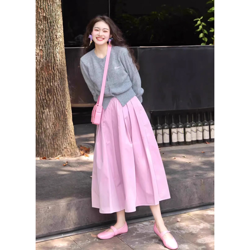 2025 Early Autumn New Pink High-Waist Slim Pleated Skirt Feminine Commuter Mid-Length A-Line Skirt Umbrella Skirt