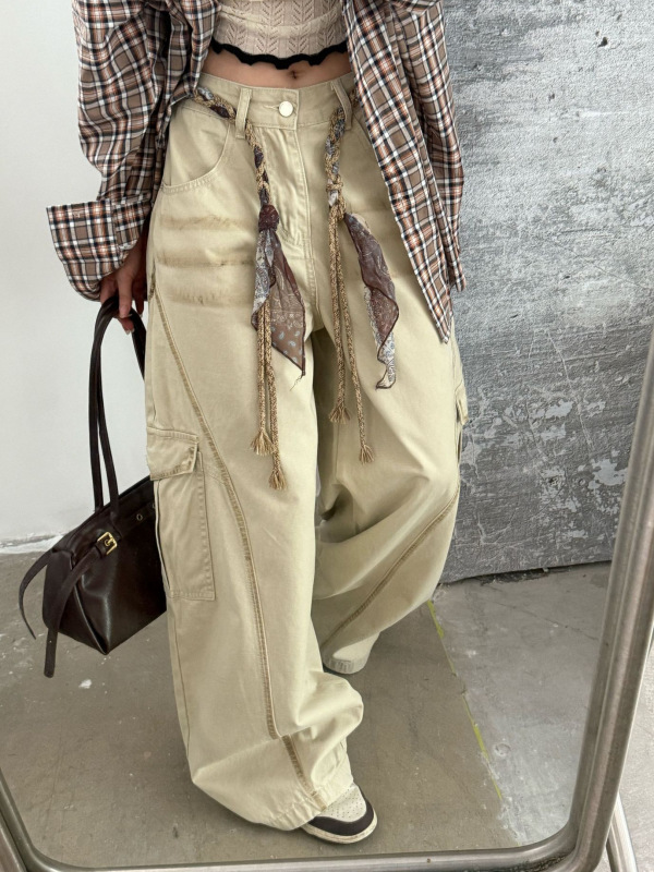ME KAKAMEE十三行秋季美式口袋水洗工装休闲配腰绳牛仔裤女 C0386|undefined