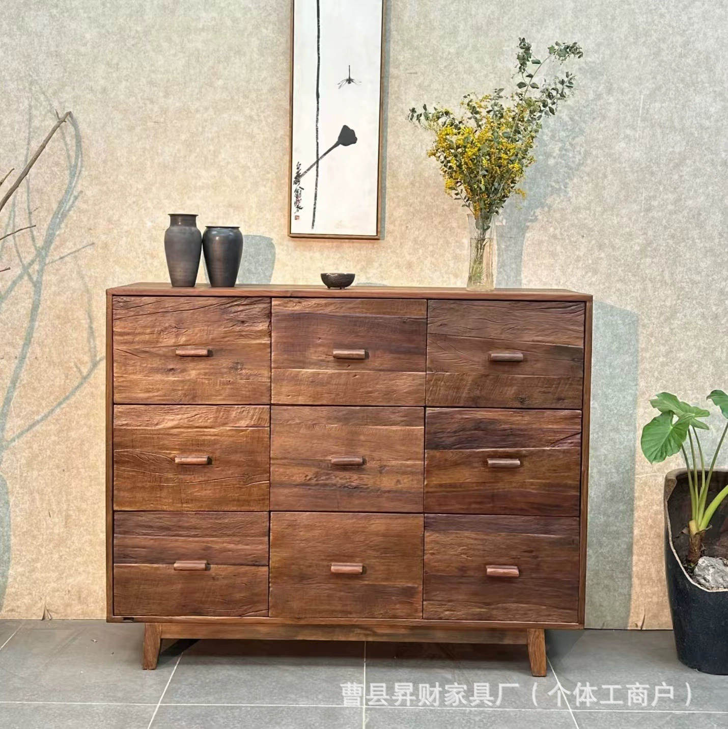 Шкаф из массива дерева в стиле ваби-саби с девятью ящиками, сервант из состаренного вяза B & B, входной шкаф в стиле ретро, шкаф для домашнего хранения, депозит