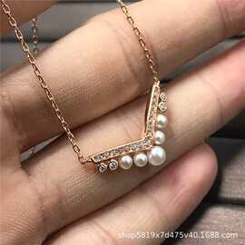 跨境直播尚美交叉项链珍珠满钻18k玫瑰金色吊坠锁骨链女精工V形