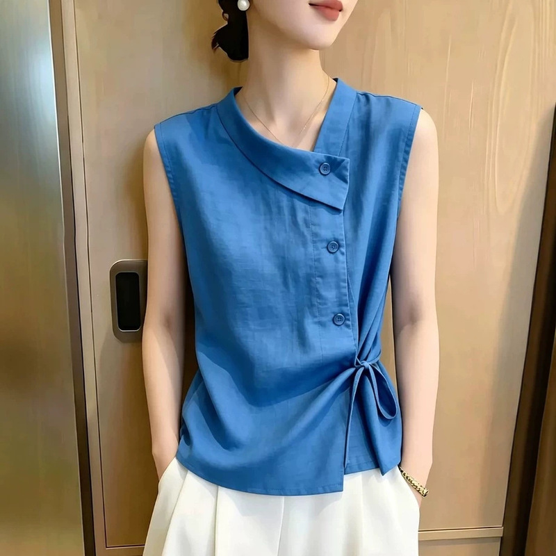 Light Luxury Style Blue Diagonal Lapel Tie-Front Sleeveless Top for Women, 2026 Summer New Model, This Year's Trendy Hot-Selling Plus-Size Shirt Light Luxury Style Blue Diagonal Lapel Tie-Front Sleeveless Top for Women, 2026 Summer New Model, This Year's Trendy Hot-Selling Plus-Size Shirt