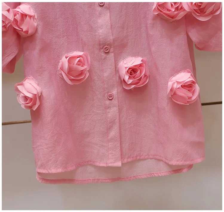 Women's Clothing summer new three dimensional rose flower chic French puff sleeve niche loose single breasted shirt versatile_voghion.com
