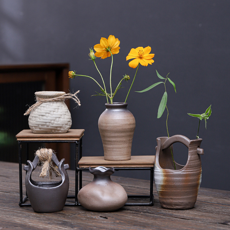 Vintage stoneware vase Zen antique living room flower ceramic small flower tea table ornaments hydroponic container