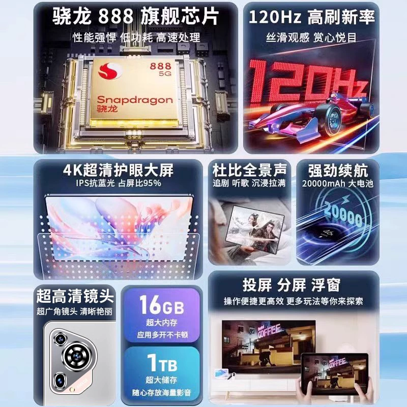 Смартф/tablet Snapdragon 888 2025 новый ультра-четкий экран 5G пропуск может подключать к офису развлекательной