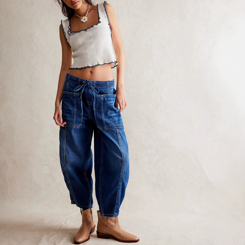 Cross-border women's elastic drawstring waist workwear jeans, American retro style, large pockets, loose fit, tapered carrot harem pants Cross-border women's elastic drawstring waist workwear jeans, American retro style, large pockets, loose fit, tapered carrot harem pants