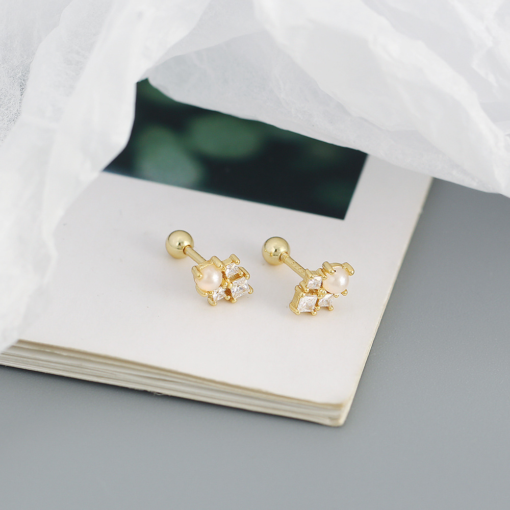 Casual, Simple Style, Streetwear Style 1 Pair 925 Sterling Silver Imitation Pearl Zircon Geometric Ear Studs