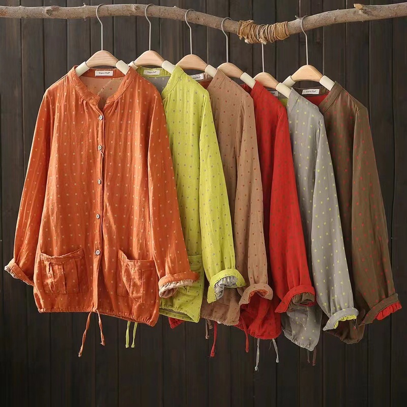 Korean Style New Vintage Yarn-dyed Dot Set Collar Long-sleeved Cotton Short Coat Women's Loose Casual Cardigan Thin Sun-protective Clothing