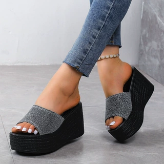 Wedge Slippers外贸大码坡跟拖鞋女外穿厚底超高跟鱼嘴女士凉拖鞋