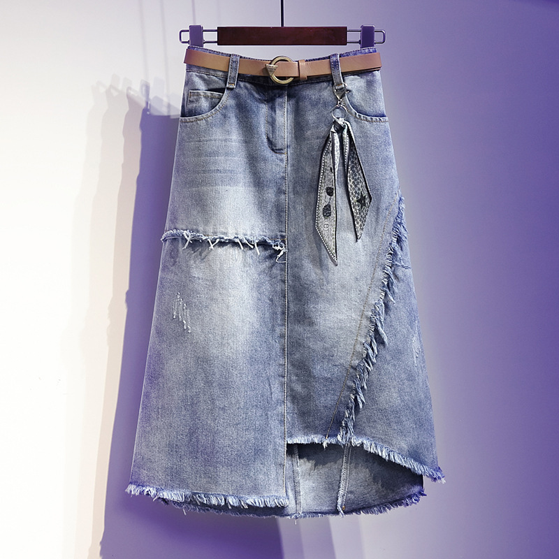 Fat Girl plus size meat covering Denim skirt Women's Spring and Autumn New High waist loose slimming frayed A- line midi skirt Fat Girl plus size meat covering Denim skirt Women's Spring and Autumn New High waist loose slimming frayed A- line midi skirt