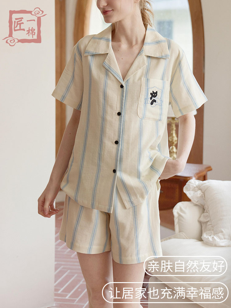 匠一棉棉双层纱布睡衣棉家居服短袖短裤夏季薄款双纱棉超柔软