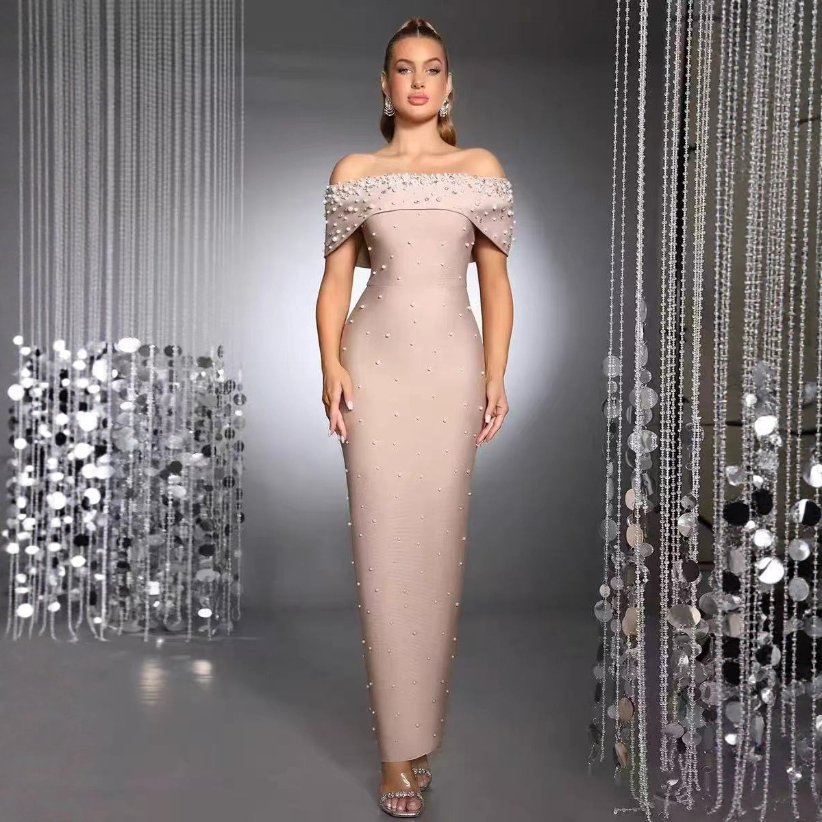 欧美性感女装跨境礼服打珠一字肩优雅珍珠名媛宴会绷带连衣裙