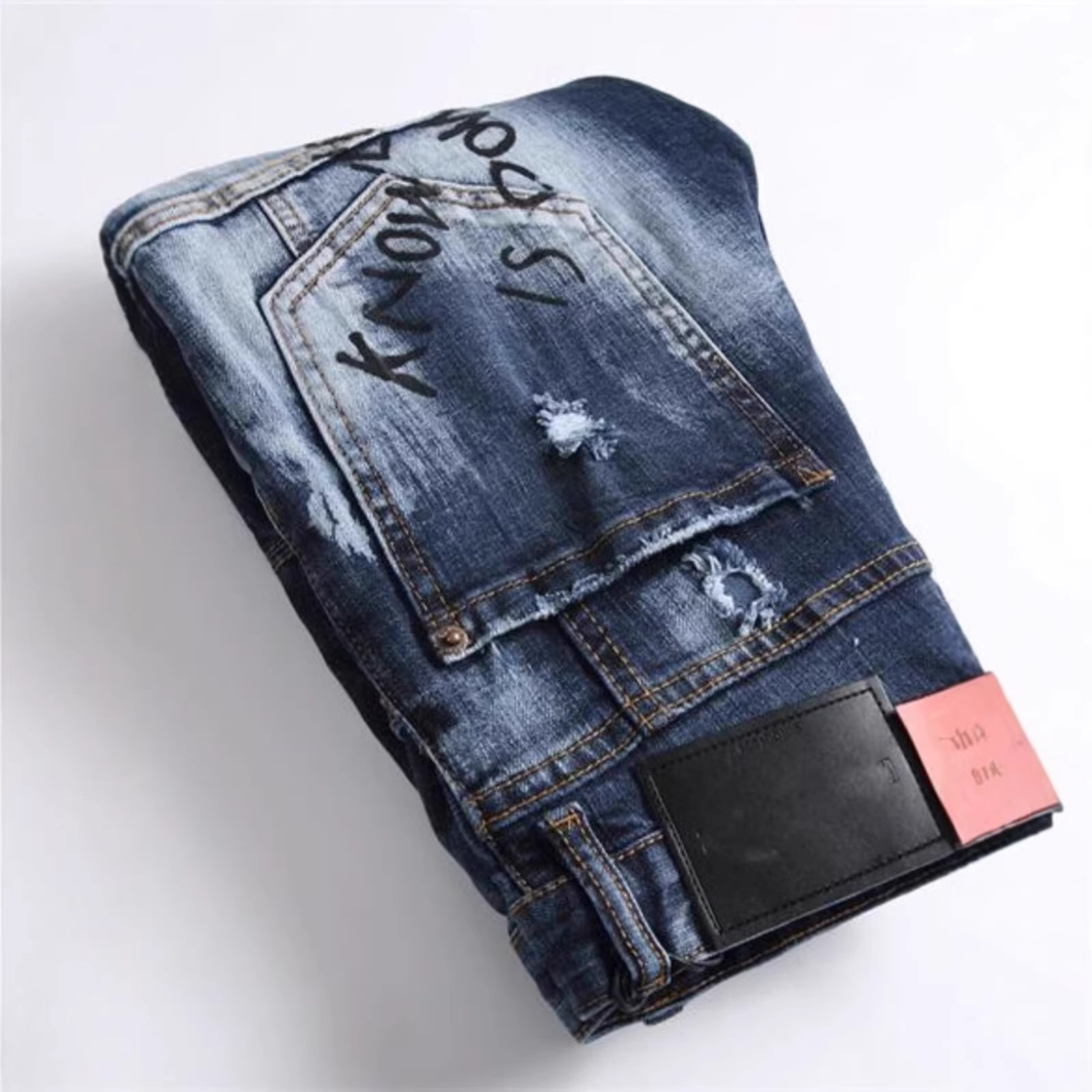 Retro Inspired Ripped & Patched Men's Jeans Stylish Embroidery Tapered Sole mid Waist Cotton Long Black/Gray/Blue Non-Stretch_mkmklike.com