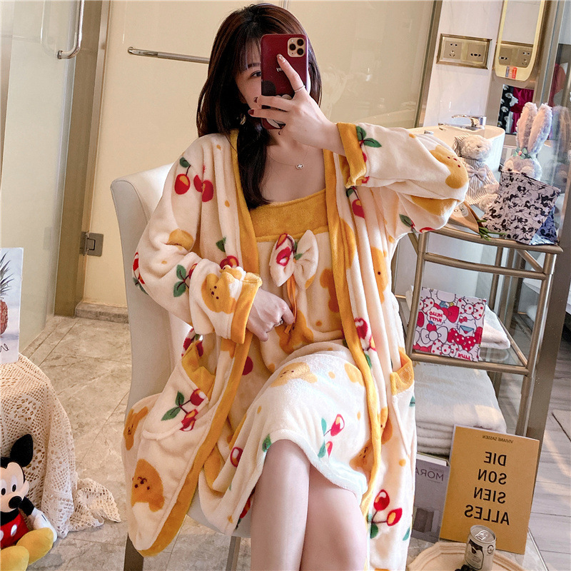酒店浴袍跨境睡袍法兰绒吊带裙披风中长款家居服系绳套装量大优惠