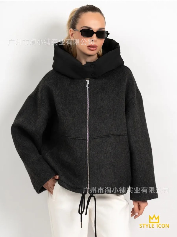 欧美风洋气秋冬简约气质宽松百搭休闲抽绳可拆卸连帽式毛呢外套女|undefined