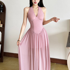 2025欧米風クロスボーダー春新作婦人服純色修身ハイウエストファッションvネックネックノースリーブワンピース