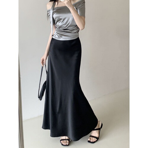 Large size 2024 new satin skirt, elastic waist, slimming fish tail skirt, French long dress, fat mm, 200kg