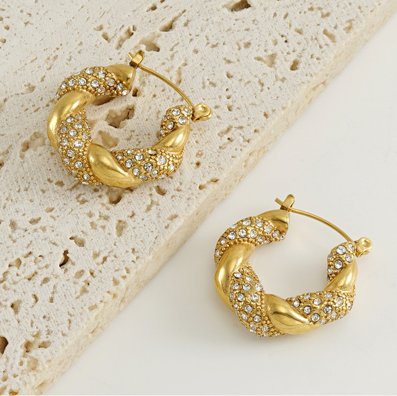 1 Pair Lady Round Gold Plated Stainless Steel Rhinestones Gold Plated Earrings display picture 1