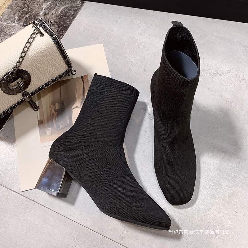 Boots Knitted Elastic Socks Boots Square Toe Strap Short Boots Trendy Boots for Women 2025 Autumn All Year Round Thick Heel High Heels