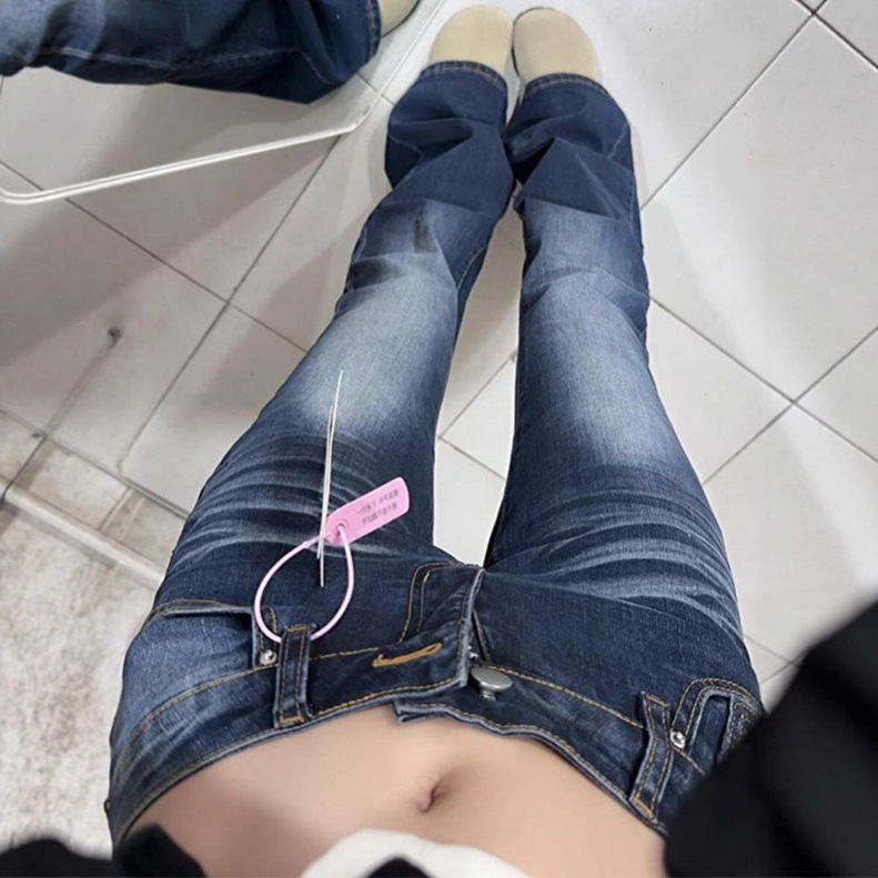 Petite American-Style Dark Blue Washed Flared Jeans for Women, Low-Waisted, Slim-Fit, Floor-Length Bootcut Pants