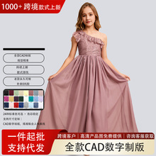 跨境亚马逊中大儿童晚礼服女花童装 A字单肩雪纺蕾丝小伴娘裙外贸