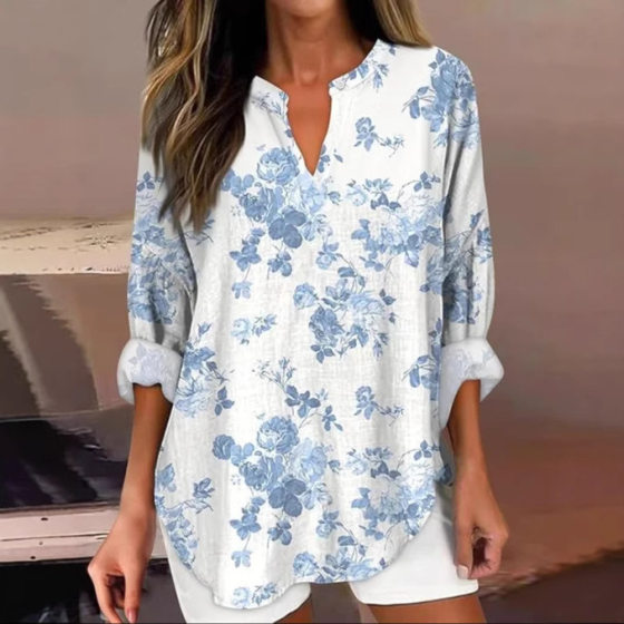 New Hot Selling Women's Clothing European and American AliExpress Amazon Floral Style Digital Printed Long Sleeve V-Neck Shirt 5850