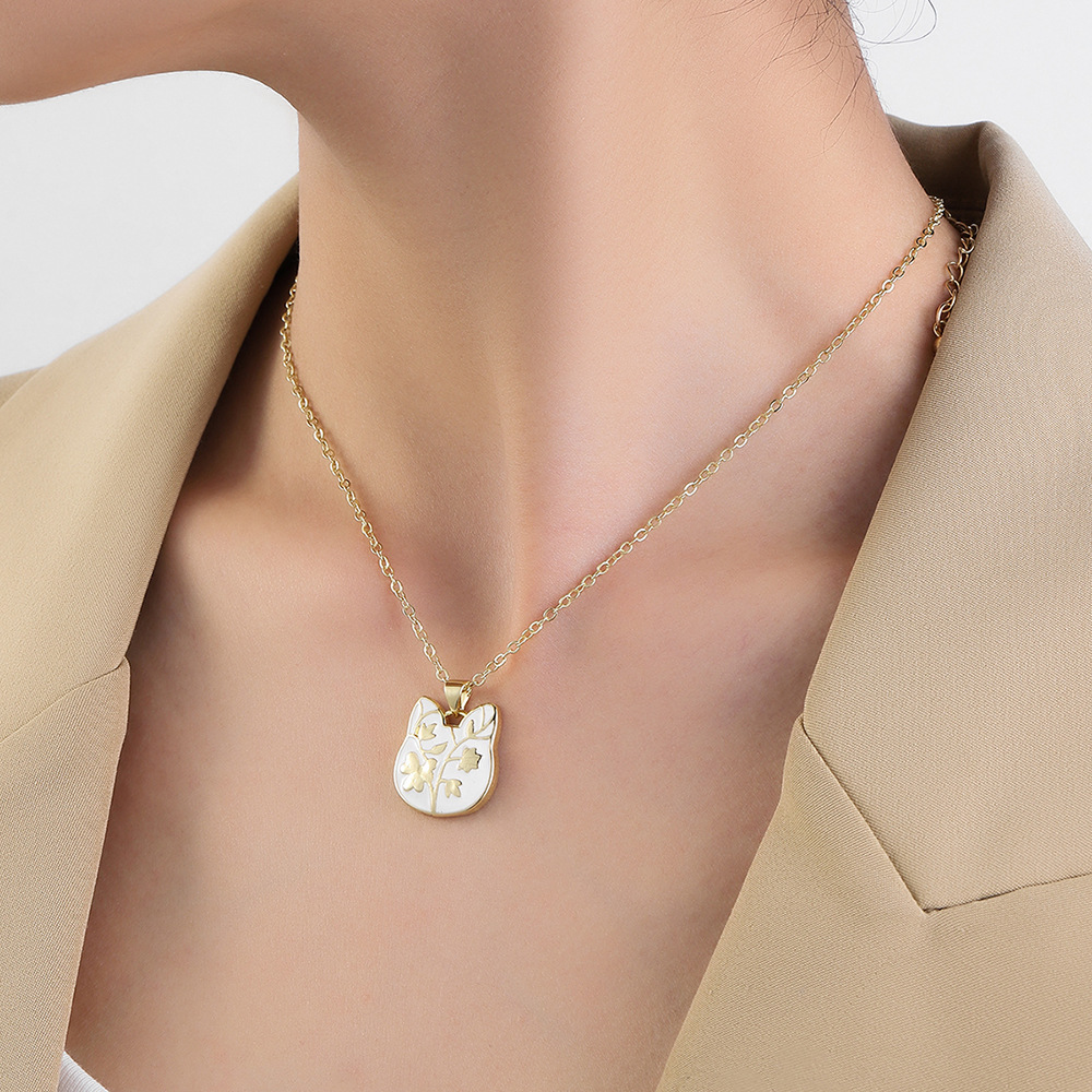 Retro Cat Flower Copper Pendant Necklace Enamel Copper Necklaces