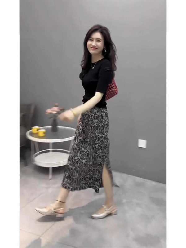 夏季薄款网红新款时尚百搭简约气质碎花开叉裙女松紧高腰中长裙子|undefined