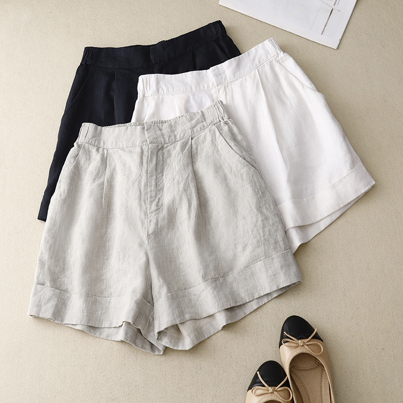 Pure Linen Artistic Shorts for Women, Summer A-Line, White Casual Petite, New Summer Style, Elastic Waist, Solid Color, Simple and Versatile