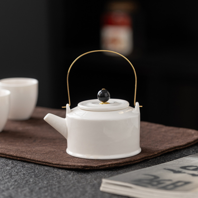 Dehua White Porcelain Teapot with Handle, Jade-Colored, High-End Chinese-Style Tea Set for Hotels, Ceramic Single Teapot Set Dehua White Porcelain Teapot with Handle, Jade-Colored, High-End Chinese-Style Tea Set for Hotels, Ceramic Single Teapot Set