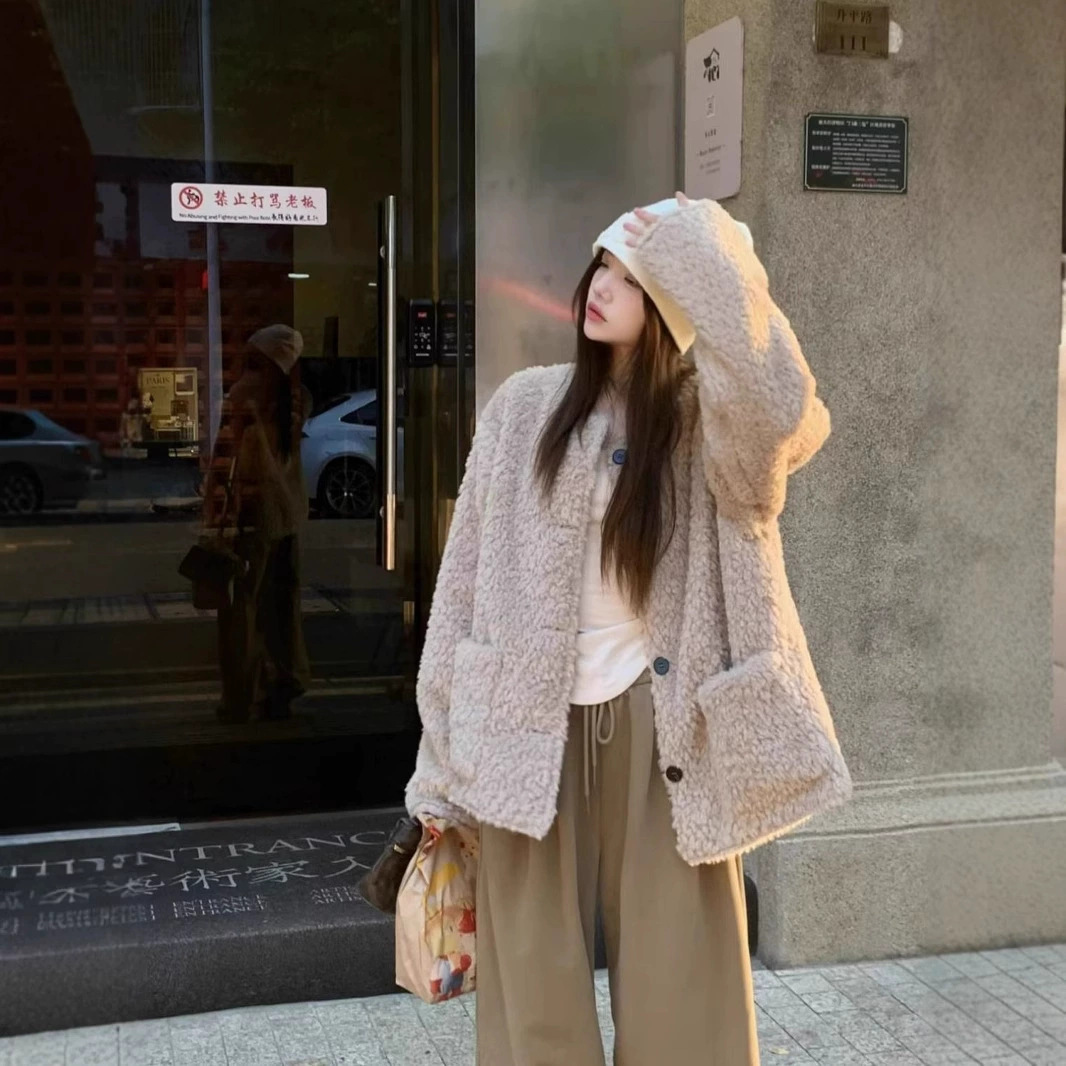 Премиум кашемировое теплое пальто для женщин зимний темперамент свободный внешний вид повседневный черный шерстяной топ с круглым вырезом