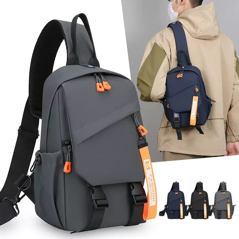 跨境潮流男士多功能胸包USB充电斜挎背包韩版休闲时尚百搭单肩包