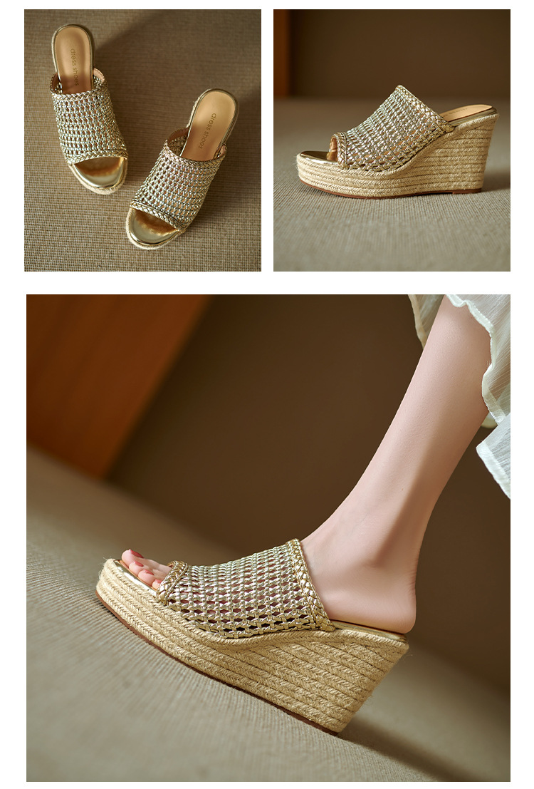 Dép sandal nữ quai chữ V đan rỗng, đế xuồng cao gót, mũi hở kiểu cá sấu — màu vàng, bạc chi tiết 9
