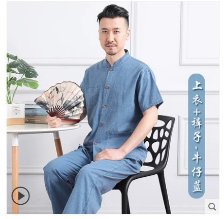 Мужской хлопковый льняной костюм среднего возраста и стариков, верхняя рубашка на пуговицах с коротким рукавом, папа, летнее тонкое пальто, хлопковая свободная версия