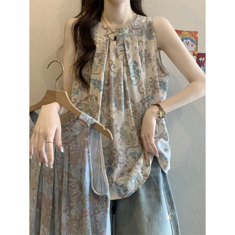 Ethnic Style Retro Cotton and Linen Sleeveless Shirt for Women, Summer Design, Loose and Versatile, Pleated Printed Halter Neck Babydoll Shirt