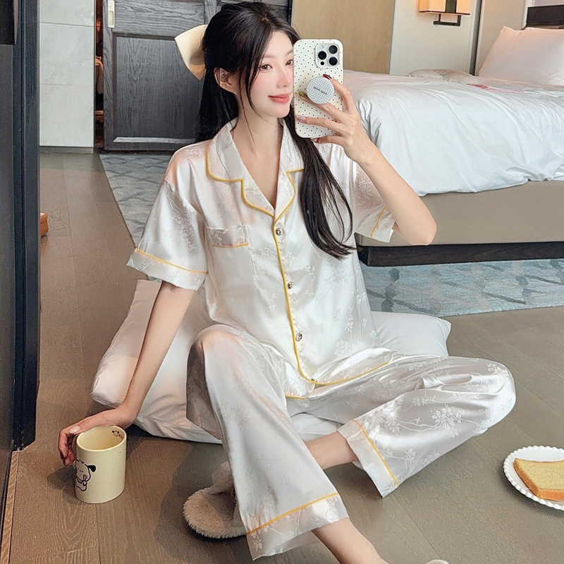 Solid Color High-Value Jacquard Summer Ice Silk Pajamas for Women Luxury Chinese Style Home Wear Short-Sleeved Trousers Suit Wholesale