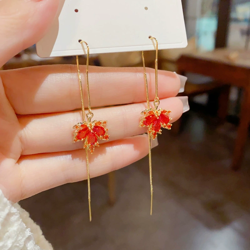 Long Maple Leaf Earrings, Red Tassel Dangle, Light Luxury Style, Universal Fit