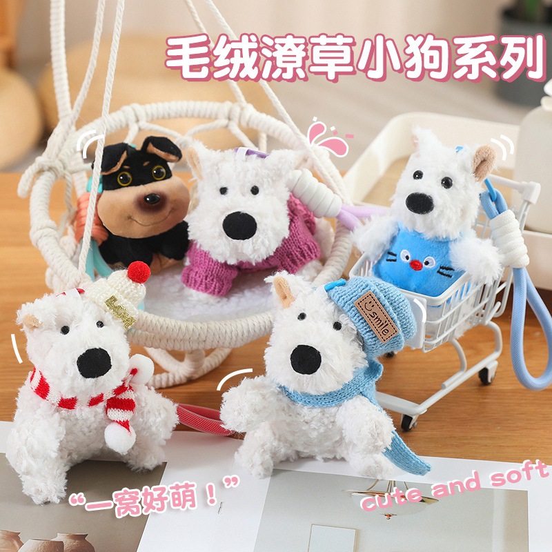 Cute niña garabateado perro West Highland puppy peluche mini muñeca regalo bolsas colgantes al por mayor