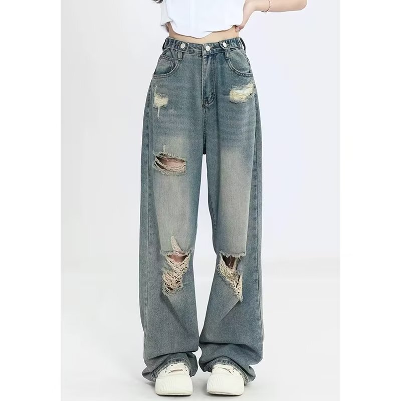 All-match Ripped New Jeans Women's Summer Trendy Fashion Mop Pants Retro Washed Wide Leg Pants Straight Pants