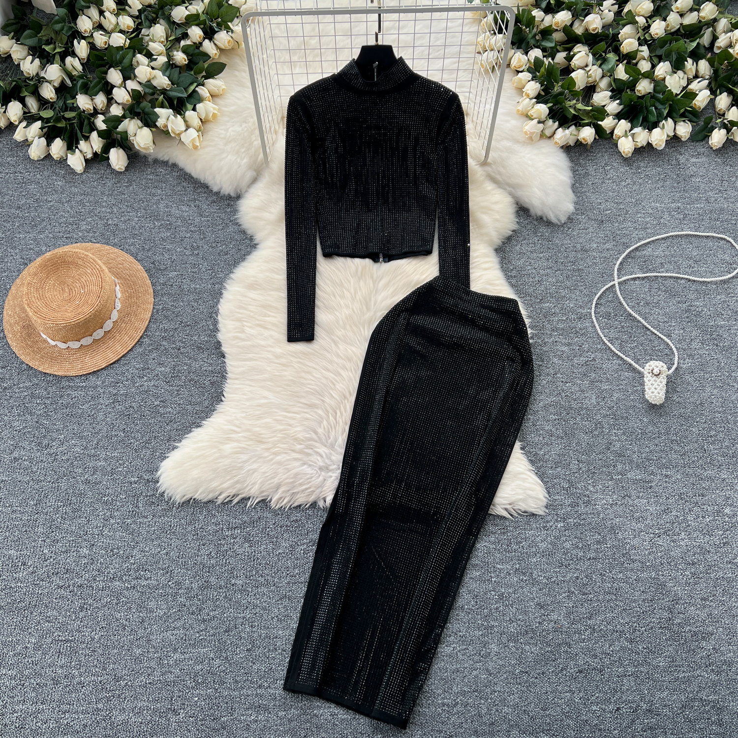 Women's Clothing wear suit design heavy hot diamond zipper top hip skirt_voghion.com