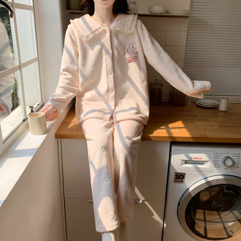 [D] Oh Mi Da Winter New Lapel fleece-lined Warm-breasted Sweet Fresh Pajamas Women's Suit Home Clothes