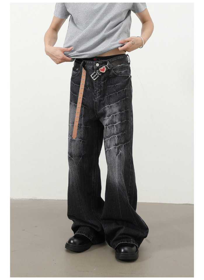 Quần jeans nam dáng rộng ống thẳng họa tiết sét chất liệu washed phong cách đường phố — màu xanh, màu xám đen chi tiết 12