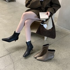 2025秋冬新款方头编织宽松套筒内增高短靴女百搭高级感中筒靴