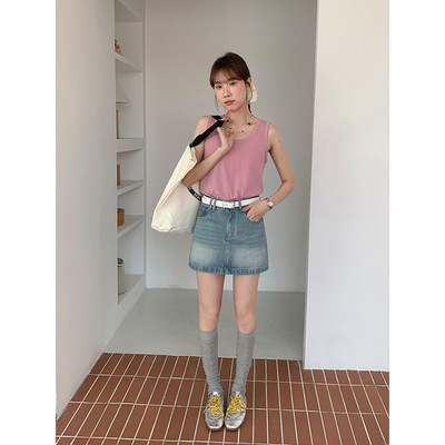 ICC 复古水洗猫须遮胯显瘦A字半身裙牛仔短裙女夏季新款600382