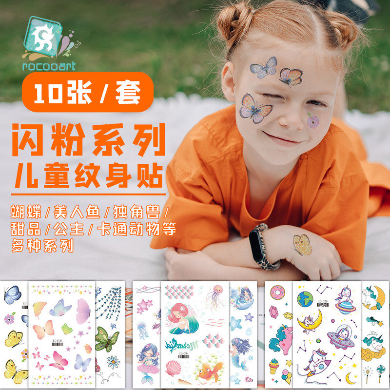 Rekalon Fixed Value suit Glitter Tattoo Sticker 10 Different Unicorn Mermaid Butterfly for Hair