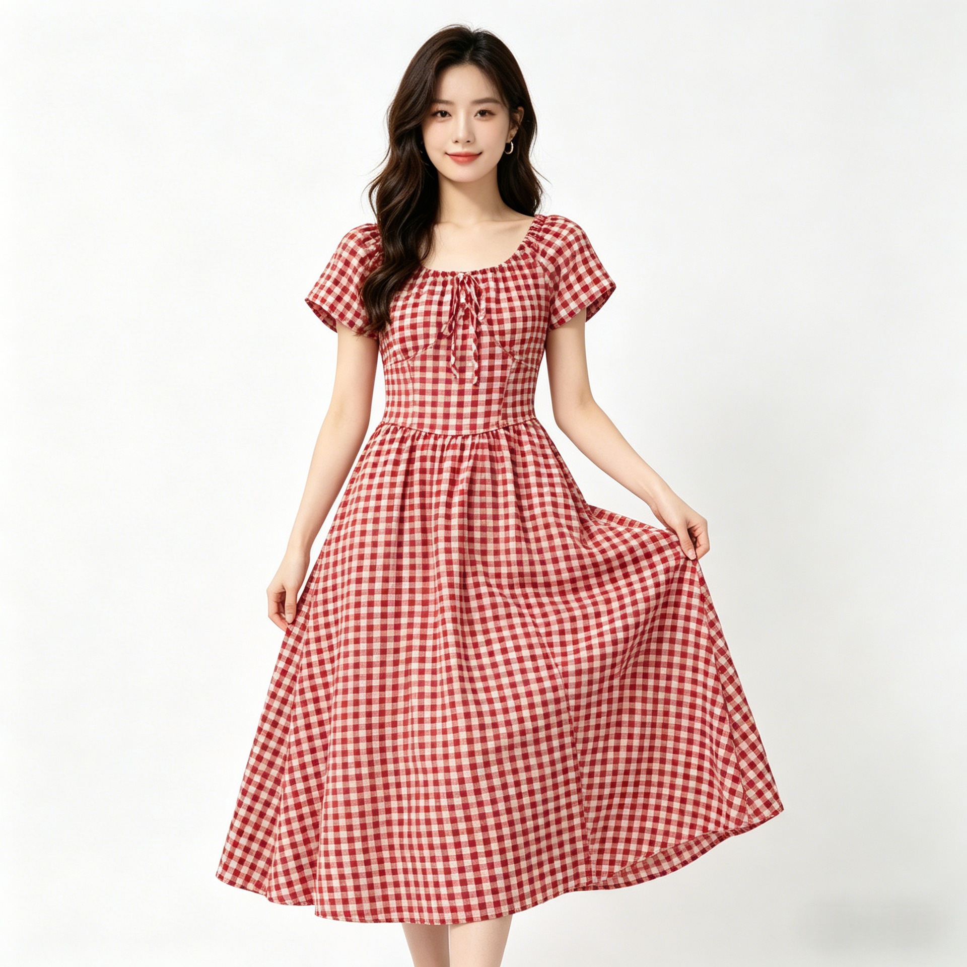 French-style Vintage Red Plaid For Women, New Summer Model, High-end, Waist-cinching, Slimming, Elegant, Resort-style_ecoleips.com