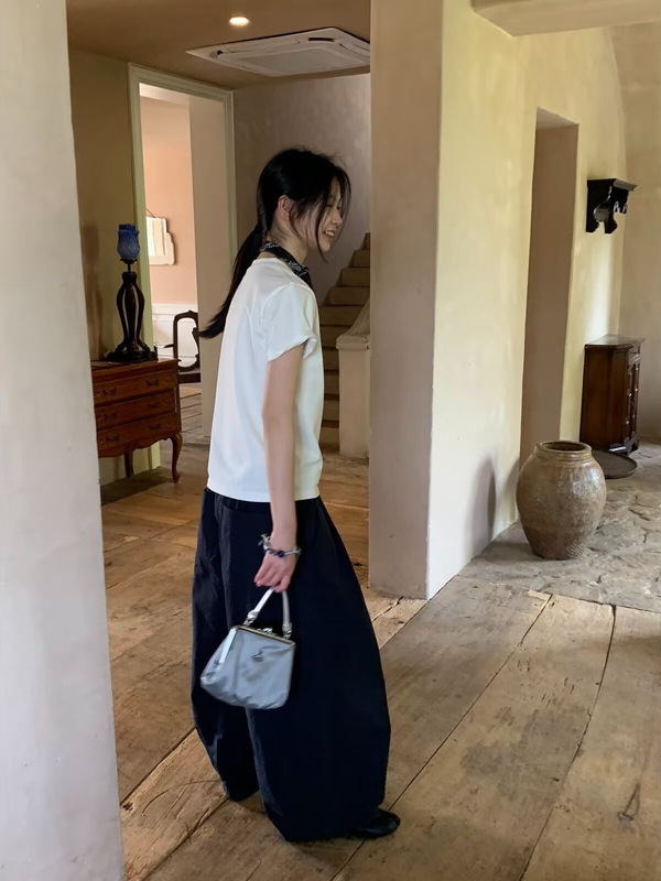 压褶高腰垂感休闲直筒裤女款春秋季韩系宽松藏青色阔腿百搭弯刀裤|undefined