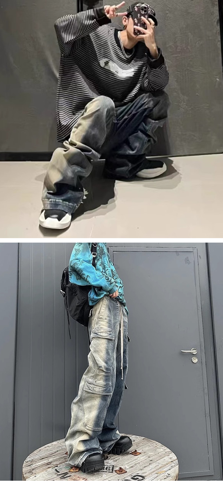 Men's Clothing VINTAGE GARC niche trendy brand RO style wide leg multi pocket flared distressed jeans men's vibe cotton_voghion.com